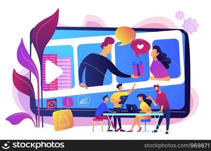 Video chatting, Internet hosting. Market tendencies analyzing. Visual storytelling, eye-catching design trend, best visual communication concept. Bright vibrant violet vector isolated illustration. Visual storytelling concept vector illustration.