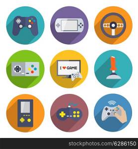 Video computer console games controller icons set of joystick keypad steering wheel isolated vector illustration