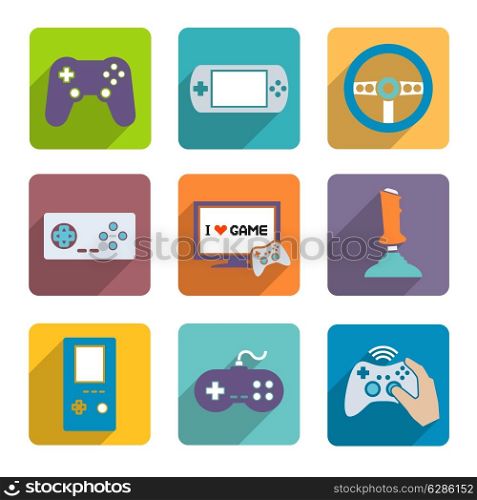 Video computer console games controller icons set of joystick keypad steering wheel isolated vector illustration