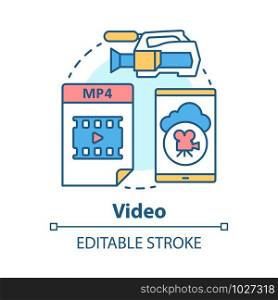 Video concept icon. Shooting movie idea thin line illustration. Videoclips, films, media files. Videorecording, filming, video production & filmmaking. Vector isolated outline drawing. Editable stroke