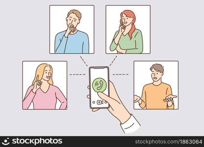 Video conference and remote work concept. Group of people having online video chat conference meeting work form home vector illustration . Video conference and remote work concept