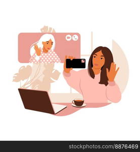 Video conference. Businesswoman online consulting. Telecommunication concept. Vector