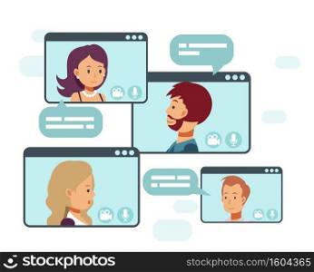 Video conference call of a business group meeting. remote work. work from home,online technology concept illustration.