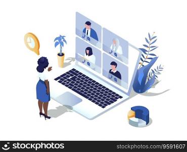 Video conference concept 3d isometric web scene. People communicates online and discuss tasks via video call, working distance at virtual group chat. Vector illustration in isometry graphic design
