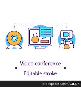 Video conference concept icon. Webinar idea thin line illustration. Online education and training. Online consulting. Vector isolated outline drawing. Editable stroke. Video conference concept icon