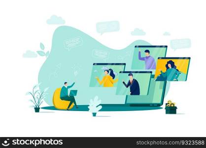 Video conference concept in flat style. Team members discussing project online scene. Web communication, teleconference and video call. Vector illustration with people characters in work situation.. Video conference concept in flat style.