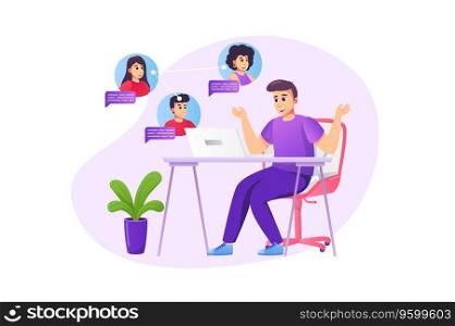 Video conference concept in flat style with people scene. Happy man communicate with friends or colleagues on group video calling using laptop program at home. Vector illustration for web design