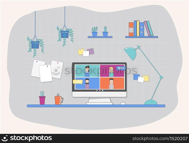 Video conference illustration. Workplace, laptop screen, group of people talking by internet. Stream, web chatting, online meeting friends. Vector illustration for remote work, technology concept.