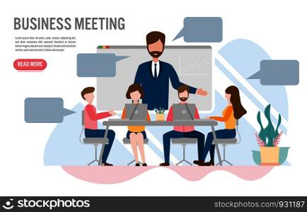 Video conference in the office concept with character.Creative flat design for web banner