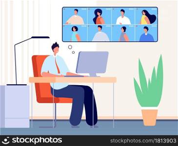 Video conference. Internet business call, online office people chat. Man learning virtual class, webinar or friends meeting vector concept. Illustration video office, internet conversation. Video conference. Internet business call, online office people chat. Man learning virtual class, webinar or friends meeting vector concept