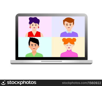 Video conference landing. People on computer screen taking with colleague. Video conferencing and online meeting workspace. Vector illustration.