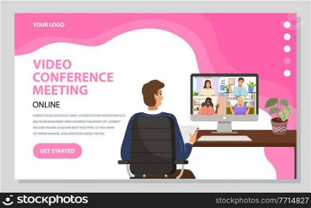 Video conference meeting in office with man and woman employee. Business teamwork and digital online communication. Landing page template video meeting with colleagues, online education school. Video conference meeting landing page template. Business teamwork and digital online communication