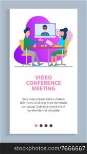 Video conference meeting, man and woman workers discussing, business cooperation, group online conversation, professional communication vector. Website slider app template, landing page flat style. Online Conversation, Business Cooperation Vector