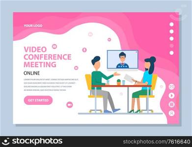 Video conference meeting online, modern communication with person, discussion reports, wireless device and workteam, face in screen, chat vector. Website or webpage template, landing page flat style. Person in Screen, Video Conference Web Vector