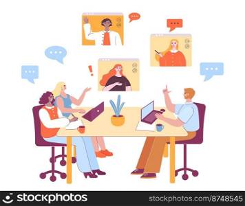 Video conference meeting. People sitting at office and having online call with team. Remote workers talking to colleagues. Employees having discussion with coworkers on distant work vector. Video conference meeting. People sitting at office and having online call with team. Remote workers talking to colleagues