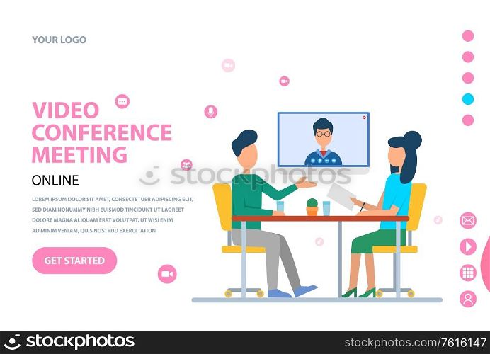 Video conference meeting vector, man and woman workers of office talking on webcam with boss discussing problems of projects and development. Website or webpage template, landing page flat style. Video Conference People Talking on Web Camera