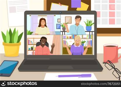 Video conference on laptop for home office. Online friends conference. Online webinar. People listen to the lecturer. Internet group conference, training test, work from home, easy communication. Video conference landing. Online business conference. Online webinar. People listen to the lecturer
