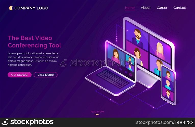 Video conference online call isometric landing page, colleagues business people team using conferencing tools for smart gadgets and webinar communication, learning or chatting, 3d vector web banner. Video conference online call isometric landing