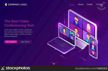 Video conference online call isometric landing page, colleagues business people team using conferencing tools for smart gadgets and webinar communication, learning or chatting, 3d vector web banner. Video conference online call isometric landing