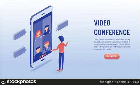 Video conference online meeting concept. Businessman makes video call with his colleague on smartphone. Isometric vector illustration.