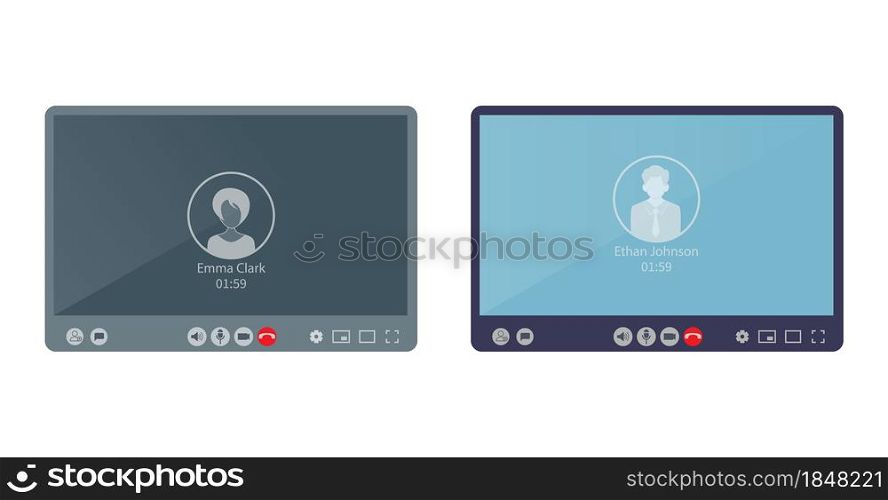 Video conference or video chat interface. The concept of remote communication via video communication over the Internet. A screen with the image of the subscriber and the time of communication. Flat style.