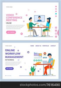 Video conference vector, online workflow management, male working on laptop in office, people on meeting with boss looking at screen set. Website or webpage template, landing page flat style. Online Workflow Management Website Conference