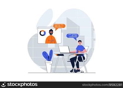 Video conference web concept with character scene. Men talking and working remotely via virtual video chat. People situation in flat design. Vector illustration for social media marketing material.