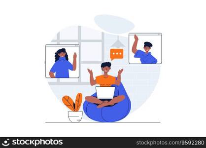 Video conference web concept with character scene. Women colleagues talking and working remotely at screens. People situation in flat design. Vector illustration for social media marketing material.