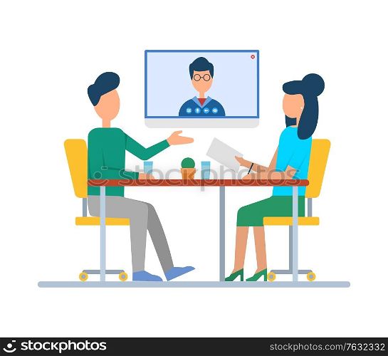 Video conference with boss vector, isolated man and woman sitting by table and looking at big screen with image of person. Communication at office. Man and Woman on Video Seminar, Conference Boss