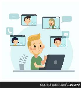 Video conferencing at home, having video call meeting with clients at home. Work from home idea.online meeting.Vector