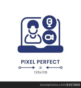 Video conferencing black solid desktop icon. Business communication. Online meeting. Pixel perfect 128x128, outline 4px. Silhouette symbol on white space. Glyph pictogram. Isolated vector image. Video conferencing black solid desktop icon