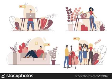 Video Content Creator, Blogging People, Live Video Streamer Characters Set. Men and Women Sharing Content, Promoting Cosmetics Products, Recording Footage on Camera Trendy Flat Vector Illustration
