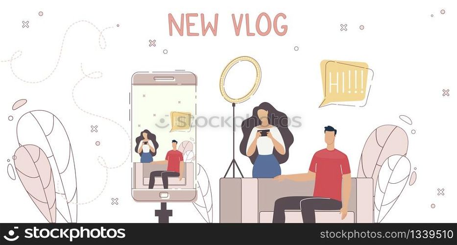 Video Content Production, Online Multimedia and Communication, Live Video Streaming Concept. Man, Woman Blogger, Vlogger Chatting in Social Network with Audience Trendy Flat Vector Illustration