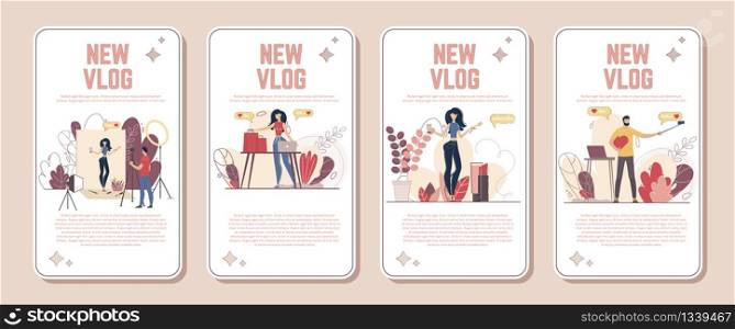 Video Content Production Studio, Online Startup for Bloggers, New Vlog Advertising Banner, Promo Poster Set. Beauty and Lifestyle Blogger, Video Reviewer Character Trendy Flat Vector Illustration