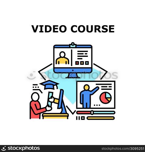 Video Course Vector Icon Concept. Online Video Course Graduation And Getting Certificate Diploma Student, Researching And Studying Remote And Online. Study And Graduation Color Illustration. Video Course Vector Concept Color Illustration