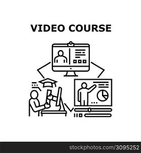 Video Course Vector Icon Concept. Online Video Course Graduation And Getting Certificate Diploma Student, Researching And Studying Remote And Online. Study And Graduation Black Illustration. Video Course Vector Concept Black Illustration