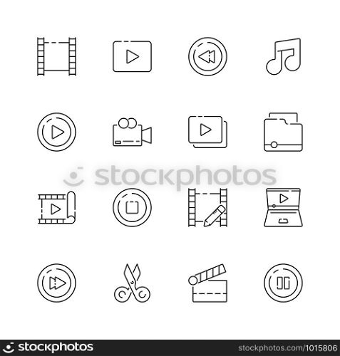 Video editing icon. Film movie production symbols cut editor multimedia clapper vector thin line pictures. Illustration of edit film, clapper and video, camera and player. Video editing icon. Film movie production symbols cut editor multimedia clapper vector thin line pictures