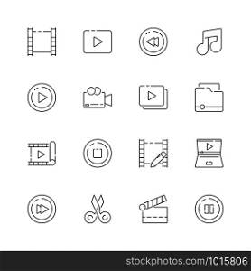 Video editing icon. Film movie production symbols cut editor multimedia clapper vector thin line pictures. Illustration of edit film, clapper and video, camera and player. Video editing icon. Film movie production symbols cut editor multimedia clapper vector thin line pictures