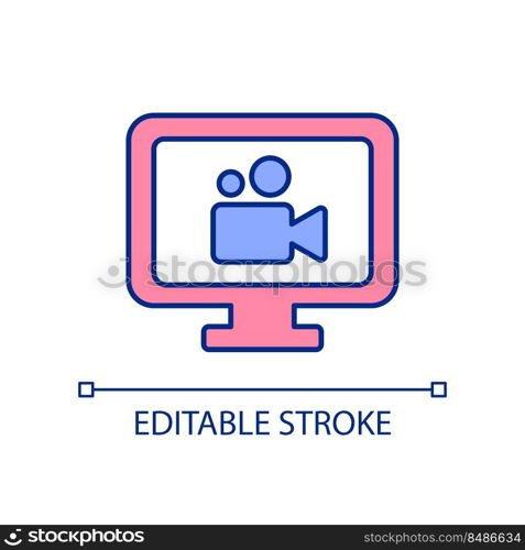 Video editing software RGB color icon. Watching online courses. Video lessons on computer. Producing content. Isolated vector illustration. Simple filled line drawing. Editable stroke. Arial font used. Video editing software RGB color icon