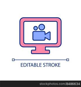 Video editing software RGB color icon. Watching online courses. Video lessons on computer. Producing content. Isolated vector illustration. Simple filled line drawing. Editable stroke. Arial font used. Video editing software RGB color icon