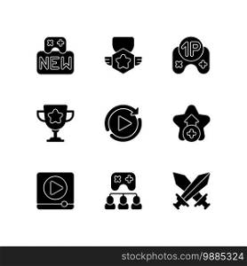 Video game black glyph icons set on white space. Different videogame modes and interface elements silhouette symbols. Various menu signs for modern player UI design. Vector isolated illustrations. Video game black glyph icons set on white space