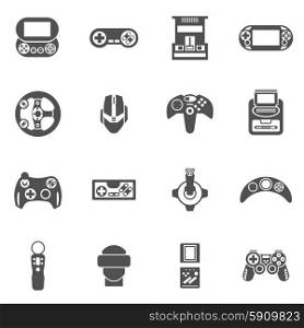 Video game black icons set with joystick console and other gadgets isolated vector illustration. Video Game Icons Set