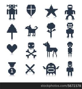 Video game cartoon pixel avatar characters black icons set isolated vector illustration.