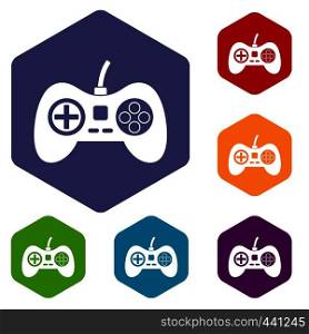 Video game console controller icons set hexagon isolated vector illustration. Video game console controller icons set hexagon