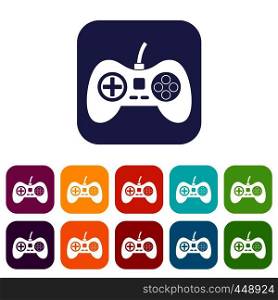 Video game console controller icons set vector illustration in flat style In colors red, blue, green and other. Video game console controller icons set flat