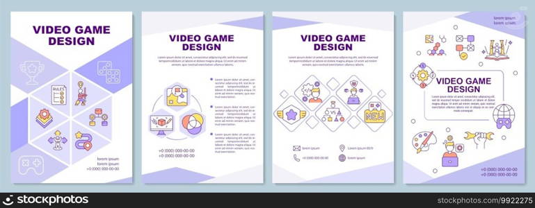 Video game design brochure template. Developing gameplay and storyline. Flyer, booklet, leaflet print, cover design with linear icons. Vector layouts for magazines, annual reports, advertising posters. Video game design brochure template