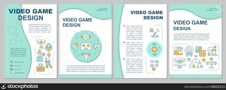 Video game design brochure template. Programmer, animator. Flyer, booklet, leaflet print, cover design with linear icons. Vector layouts for magazines, annual reports, advertising posters. Video game design brochure template