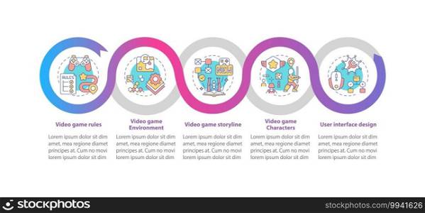 Video game design components vector infographic template. Video name rules presentation design elements. Data visualization with 5 steps. Process timeline chart. Workflow layout with linear icons. Video game design components vector infographic template