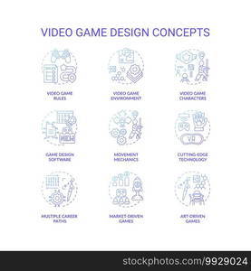 Video game design concept icons set. Video game rules. Beautiful laying environment creation. Movement mechanics idea thin line RGB color illustrations. Vector isolated outline drawings. Video game design concept icons set