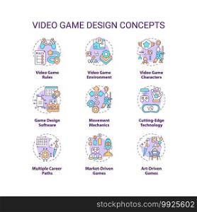 Video game design concept icons set. Video game rules. Playing environment creation. Movement mechanics idea thin line RGB color illustrations. Vector isolated outline drawings. Editable stroke. Video game design concept icons set